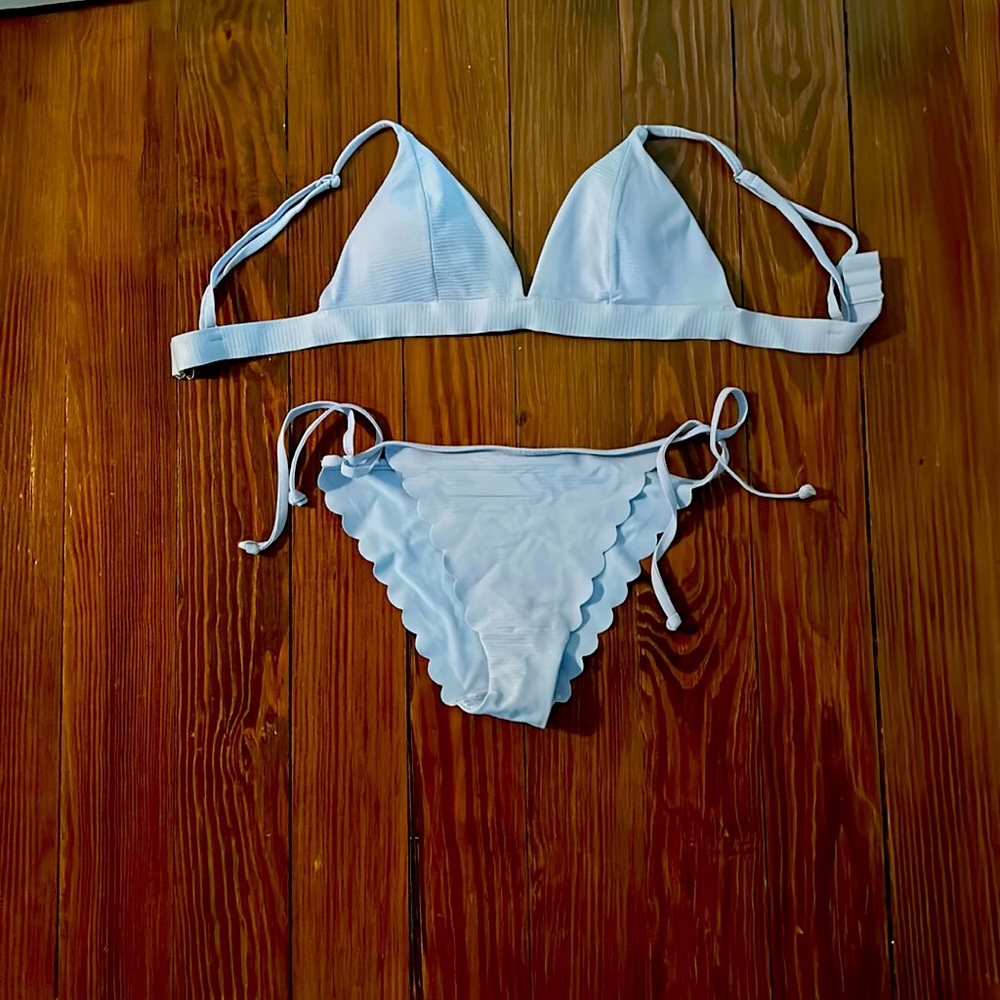 Light blue scalloped and ribbed triangle bikini